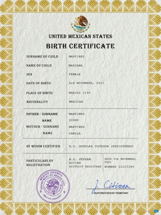 Download Mexico vital record birth certificate PSD template Photoshop template